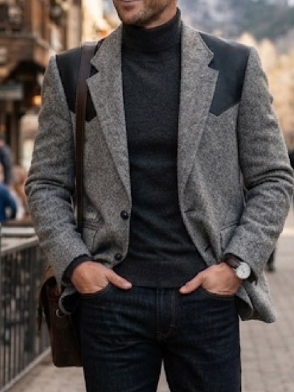 Men's Grey Tweed Blazer jacket with Black Shoulder Panels
